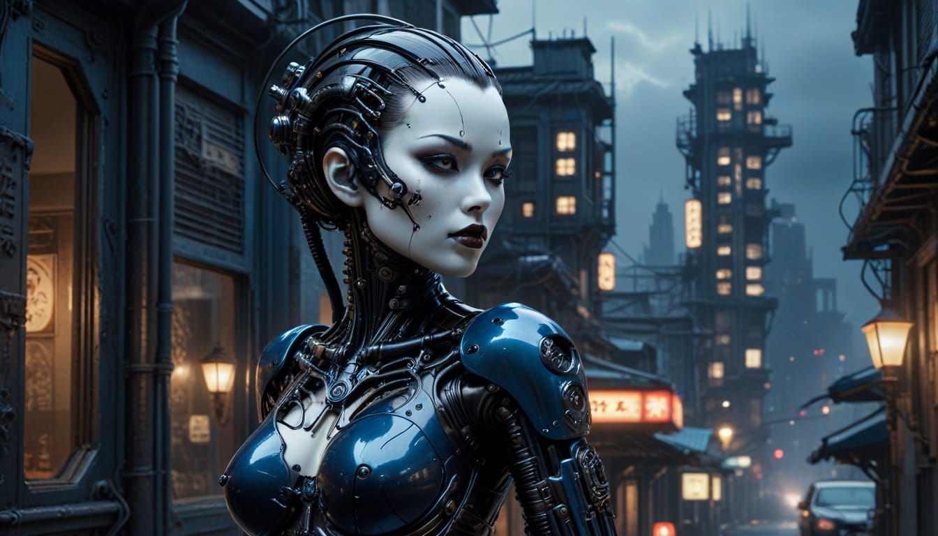 Gothic Bio-Mech Cyborg Pinup in Cyberpunk Cityscape