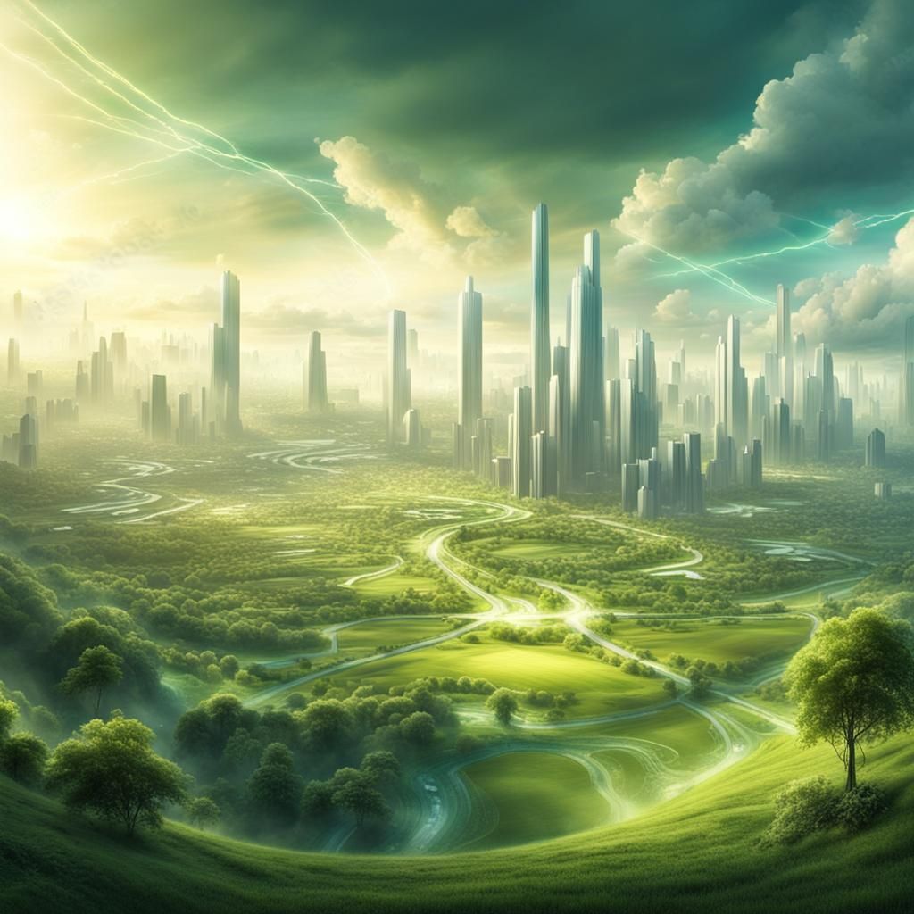 Futuristic City Panorama in Natural Landscape