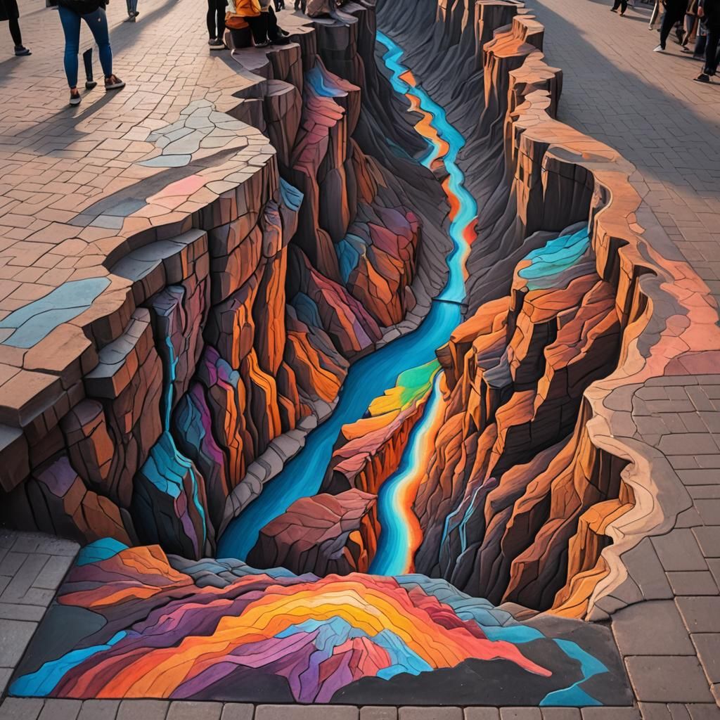 Sidewalk Chalk Art of a Canyon at Sunset