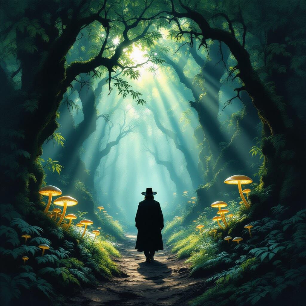 Hasidic Man in Mystical Forest with Glowing Mushrooms