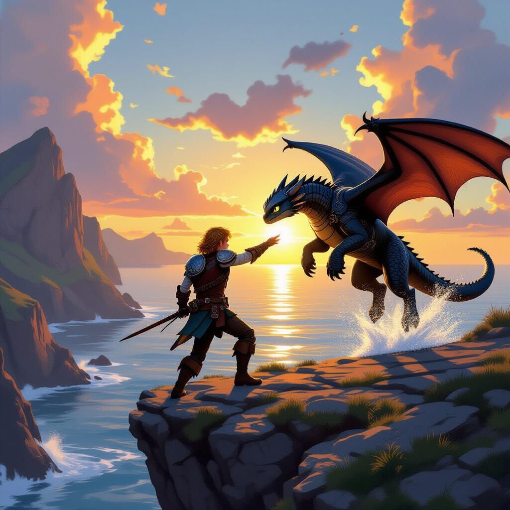 Hiccup Trains Toothless on Windswept Cliff
