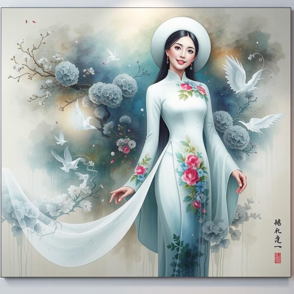 Ethereal Woman in Vibrant Ao Dai, Lacquerware-Inspired Dream...