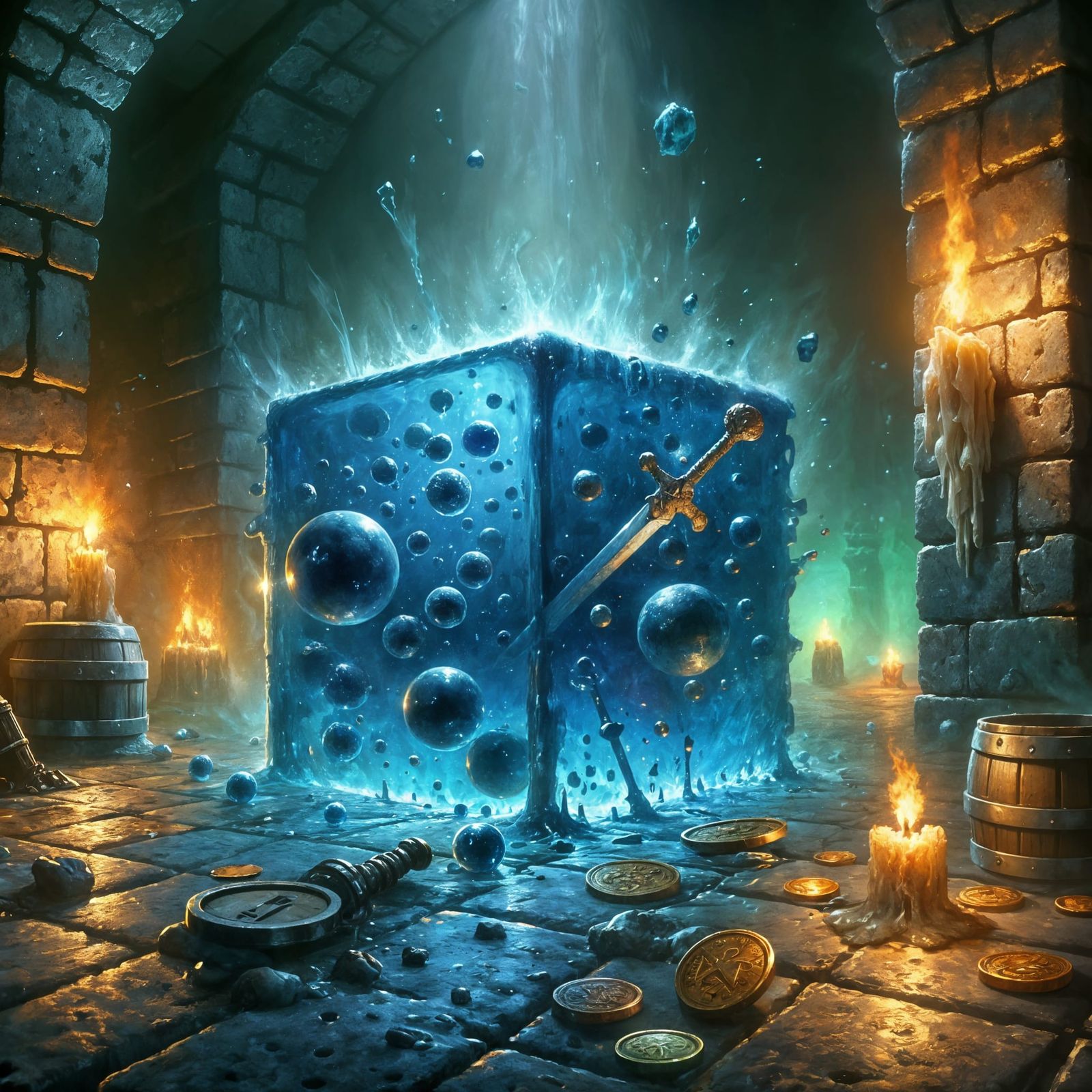 Surreal Dungeon Scene with Gelatinous Cube in Impasto Painti...