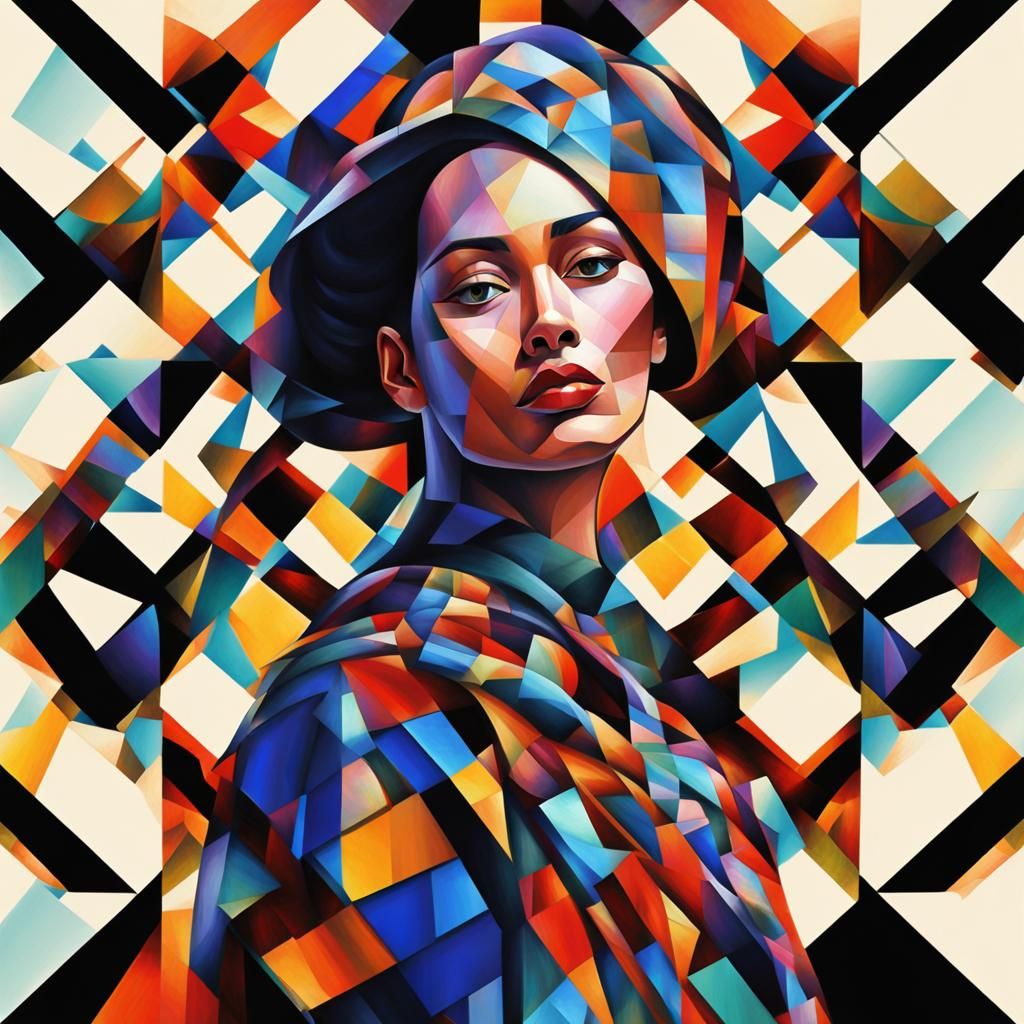 Woman in Plaid Dress in Geometric Cubist Style
