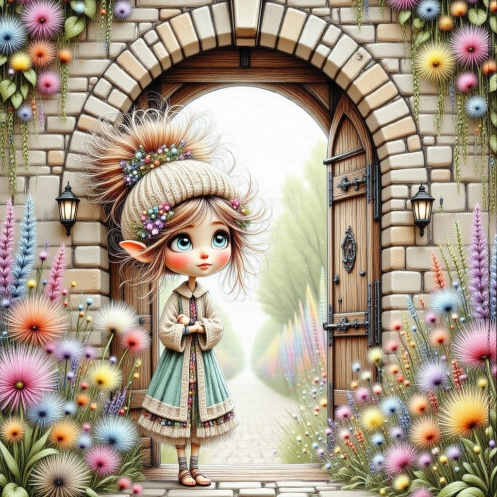 Dreamy Watercolor Castle Gate with Elfin Creatures