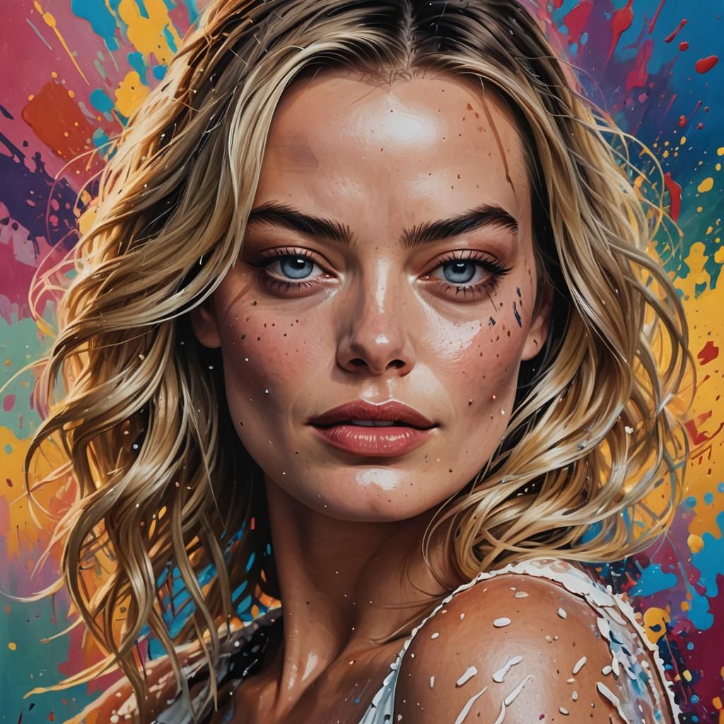 Hyperrealistic Portrait of Margot Robbie in Splash Art Style