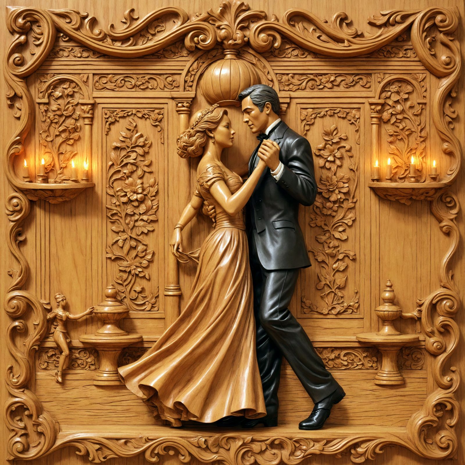 Intricate Wood Relief of Couple Dancing Ballroom