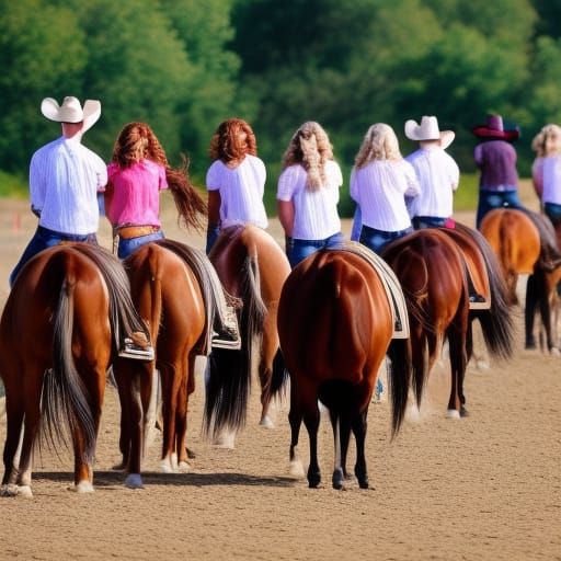 cowgirls line dancing with their horses