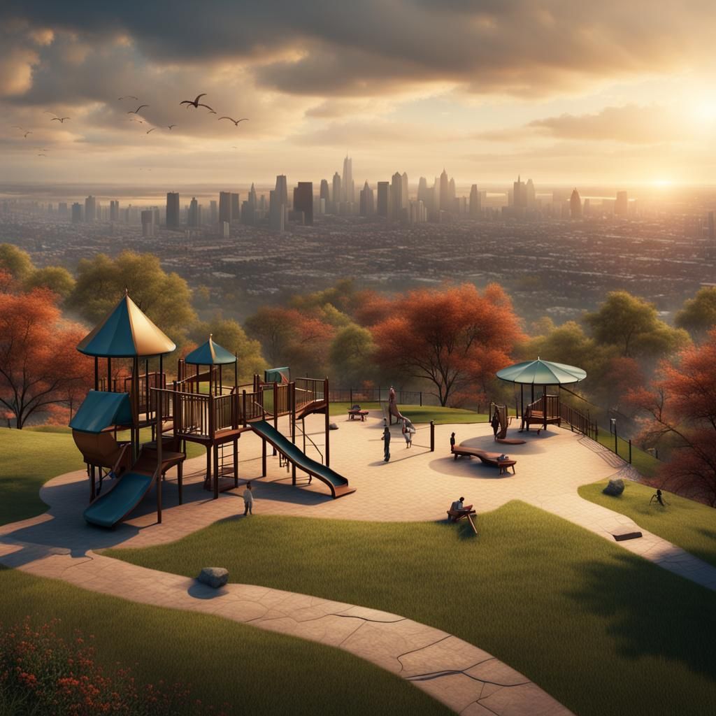 a park playground on a hilltop overlooking the city, style of Remington, 16:9 aspect ratio