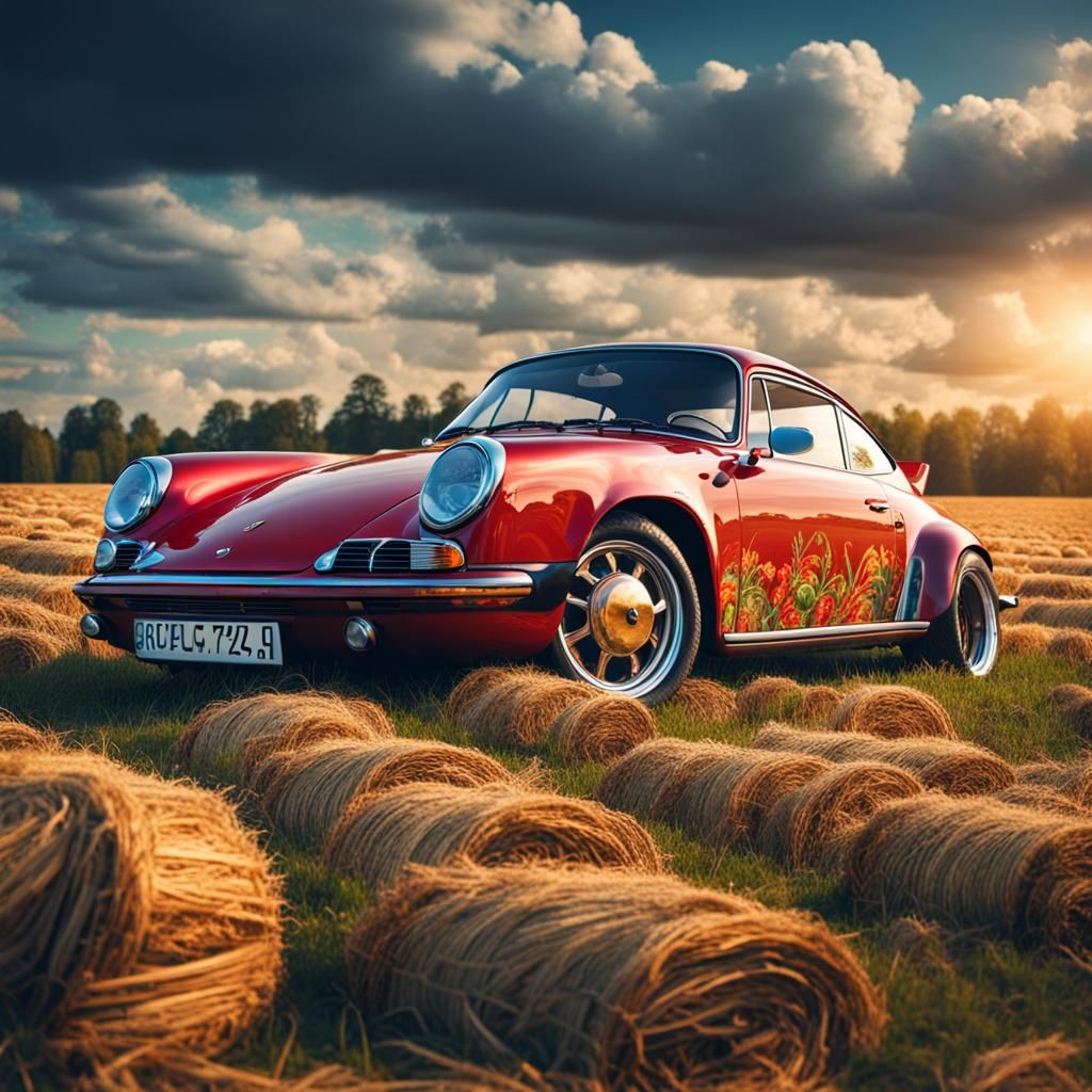 Porsche in Gzhel Style Field, Hyperrealistic