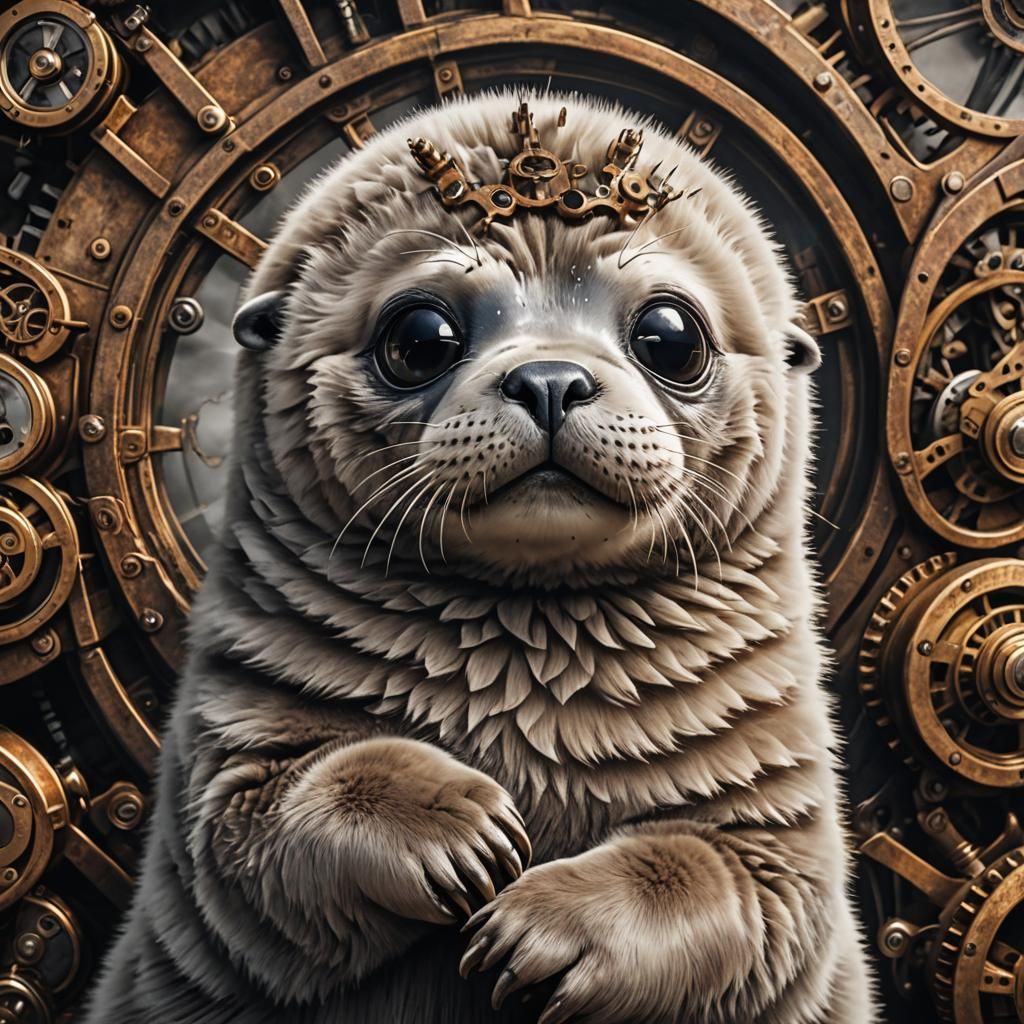 Steampunk Seal: Fluffy Baby Seal with Sad Eyes
