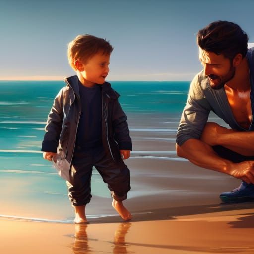 Father and Son Beach Day in Hyperdetailed Style