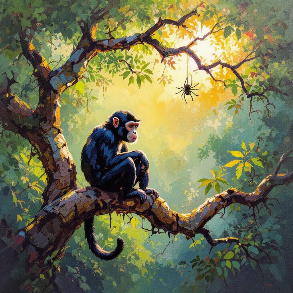 Spider Monkey in Tree with Golden Light, Oil Painting