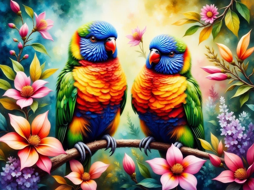 Rainbow Lorikeets in Lush Watercolor Rainforest