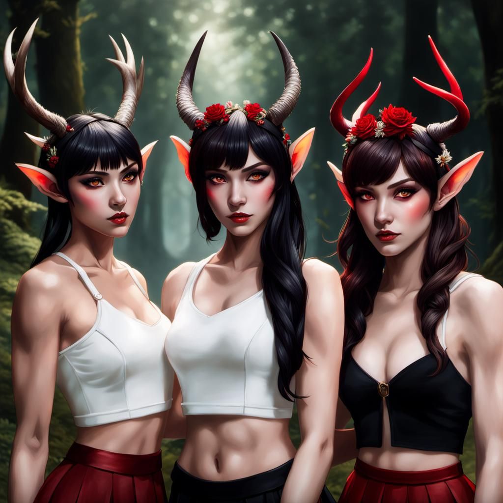 Hyperreal Faun Women with Glowing Red Eyes