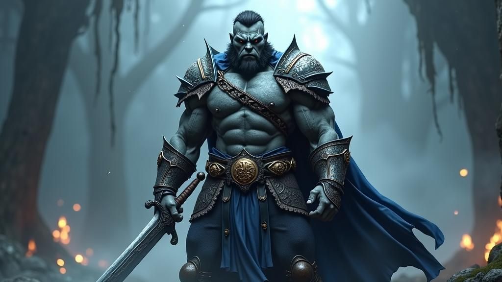 Heroic Half-Orc in Dark Fantasy Environment