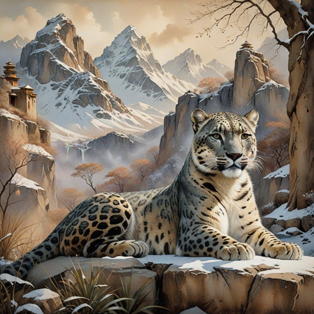 Snow Leopard and Goddess in Earth Tone Watercolor