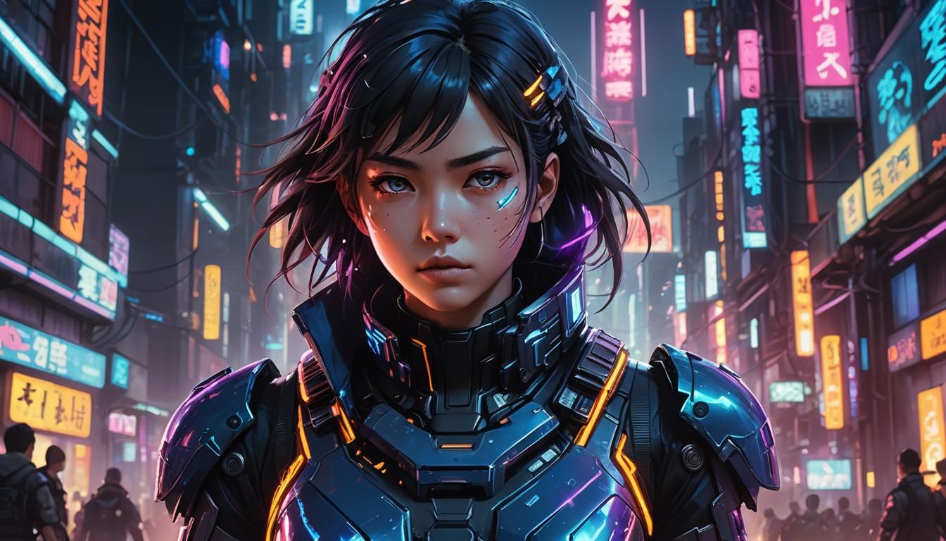 Cyberpunk Warrior in Neon Cityscape: Anime 3D Art