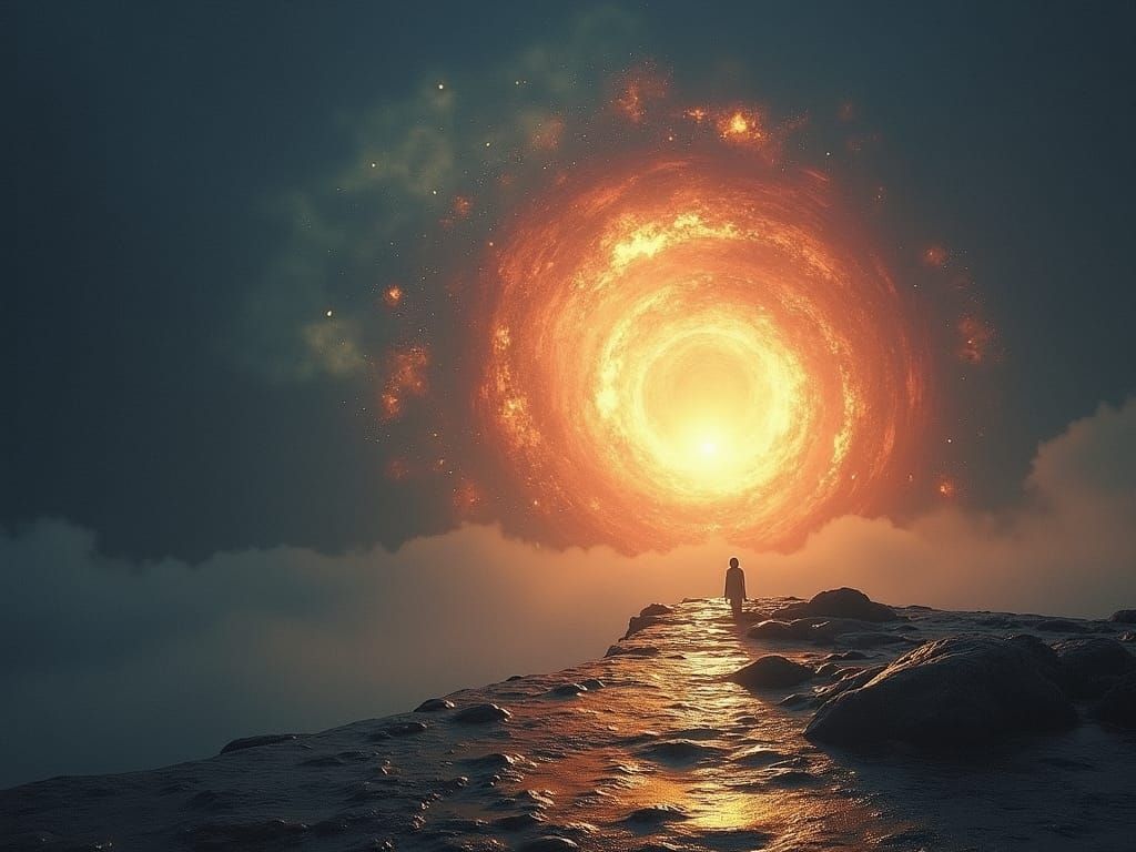 Solitary Figure at World's Edge with Swirling Energies