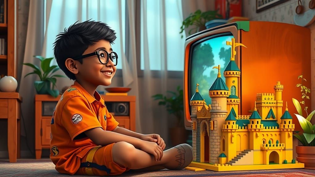 Latin Boy's Enchanted Afternoon, Immersed in Retro TV Fantas...