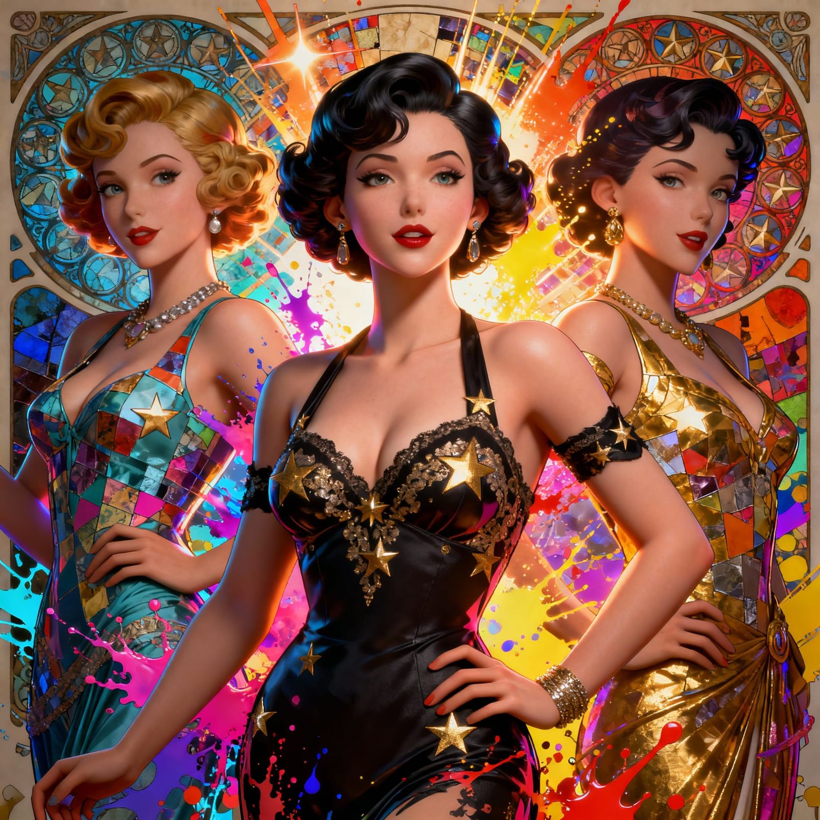 Golden Age Hollywood Pin-Ups in Vibrant 3D Anime Collage