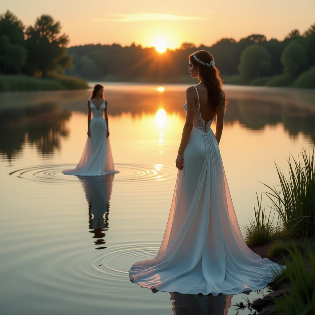 Elegant Woman at Lake Edge with Ethereal Reflection