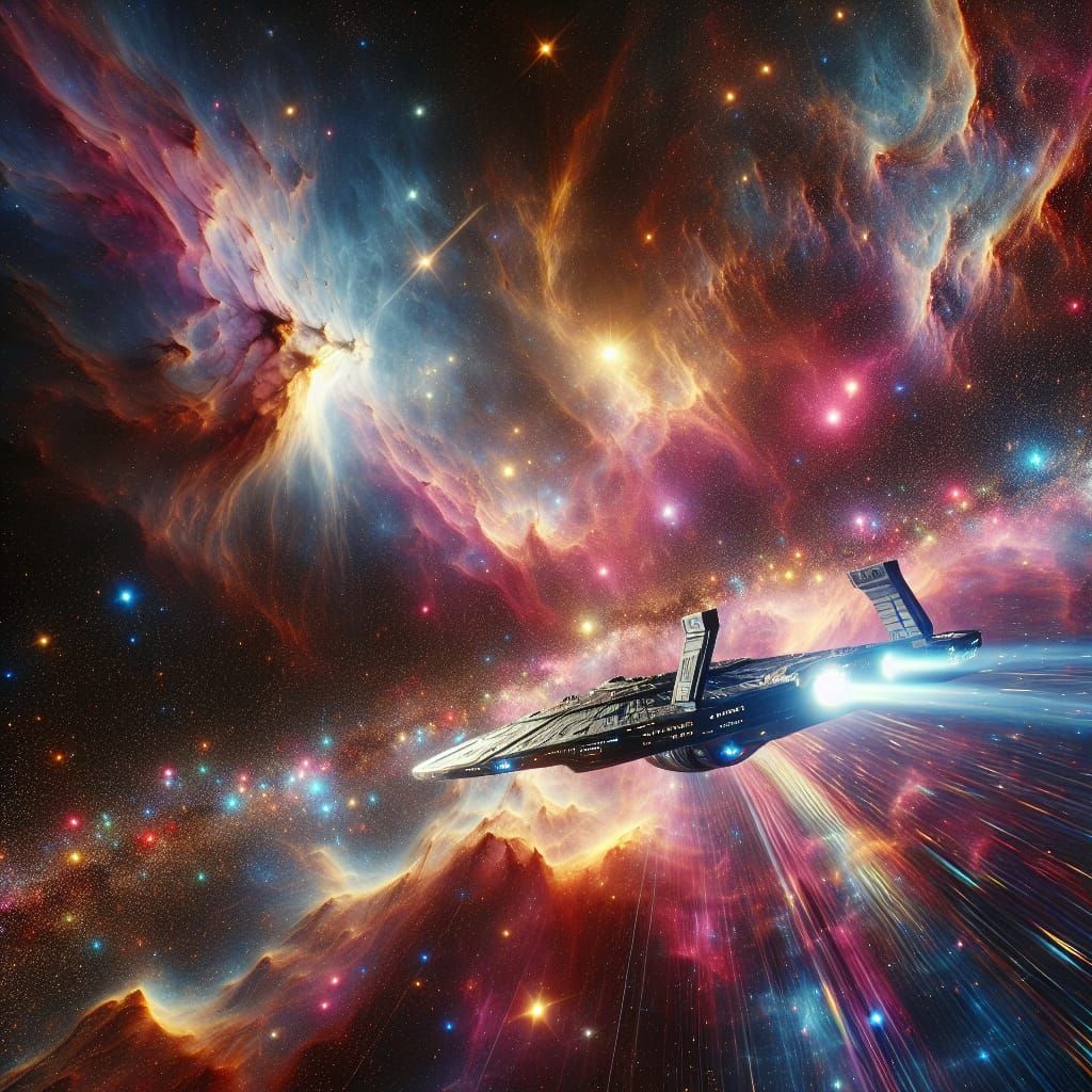 in deep space, crossing nebulae, a shiny starship is traveli...