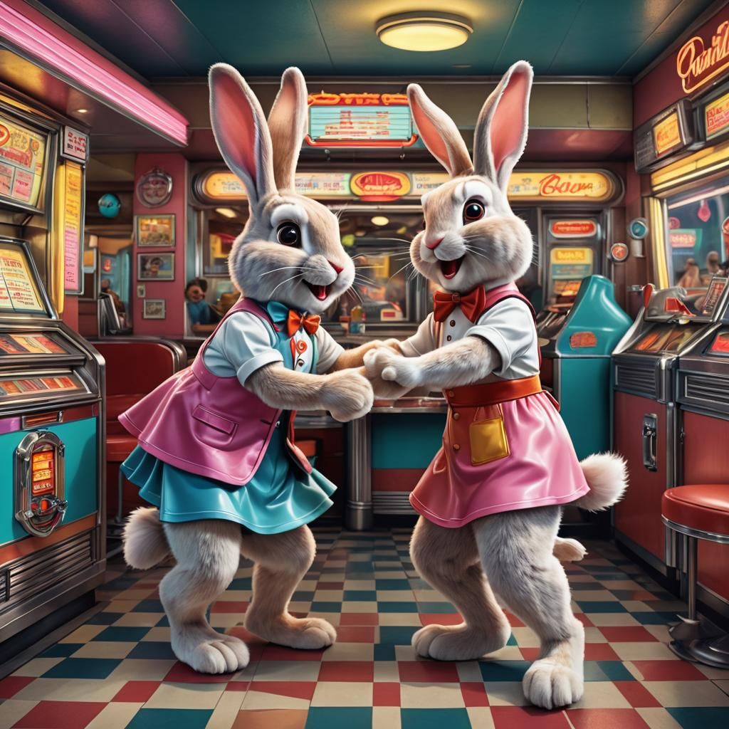 1950s Rabbit Couple Dancing in Candy Art Style