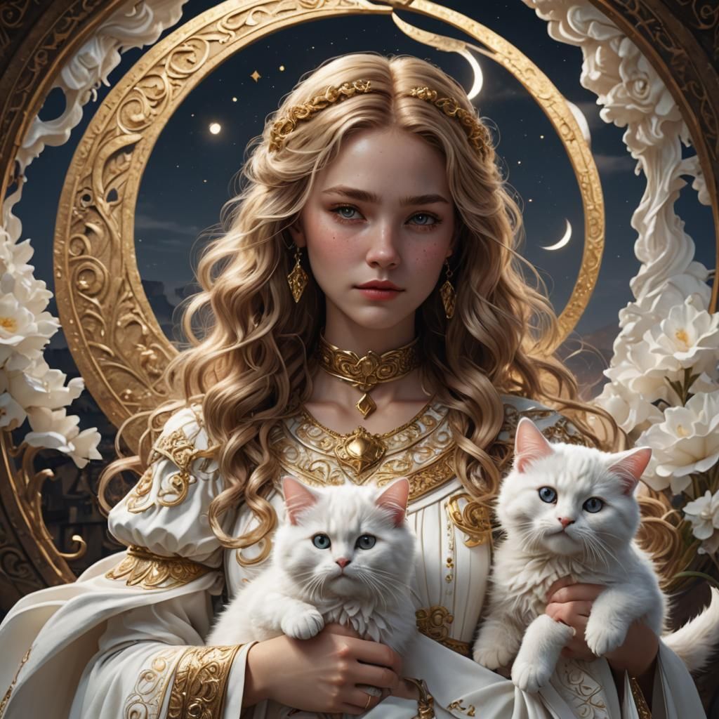 Girl with Moon and Cat: Fantasy Art