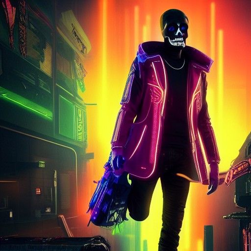 Cyberpunk Skeletons in Neon Cityscape
