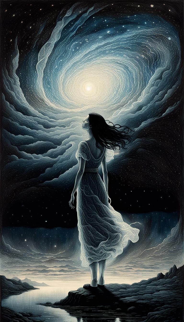 Ethereal Figure Contemplates Mortality in Fine Art Etching