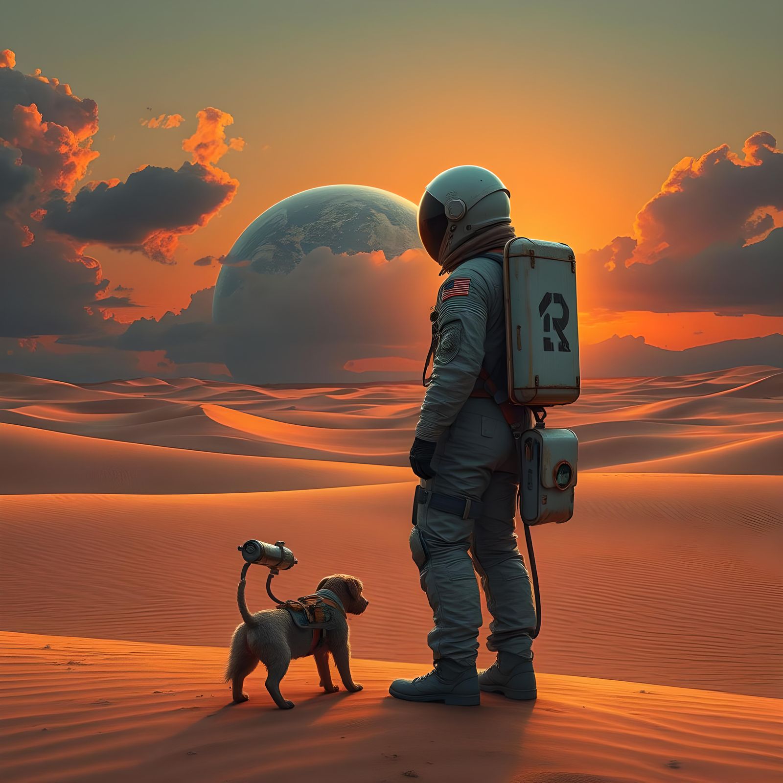 Astronaut and Space Dog in Desert Landscape