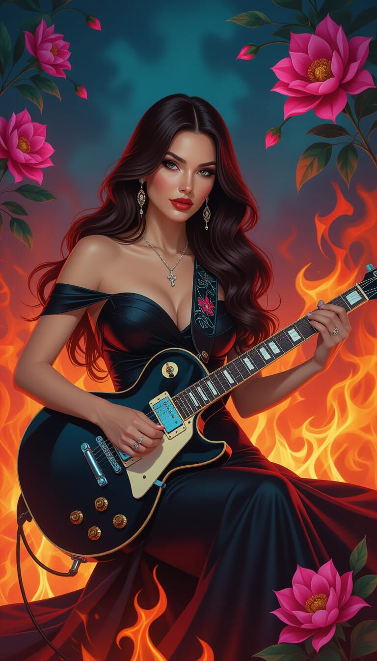 Fiery Guitarist in a Futuristic Dreamscape