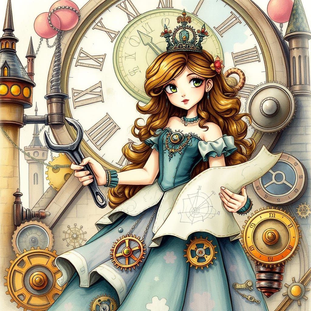 Steampunk Princess in Clockwork Castle, Watercolor Style