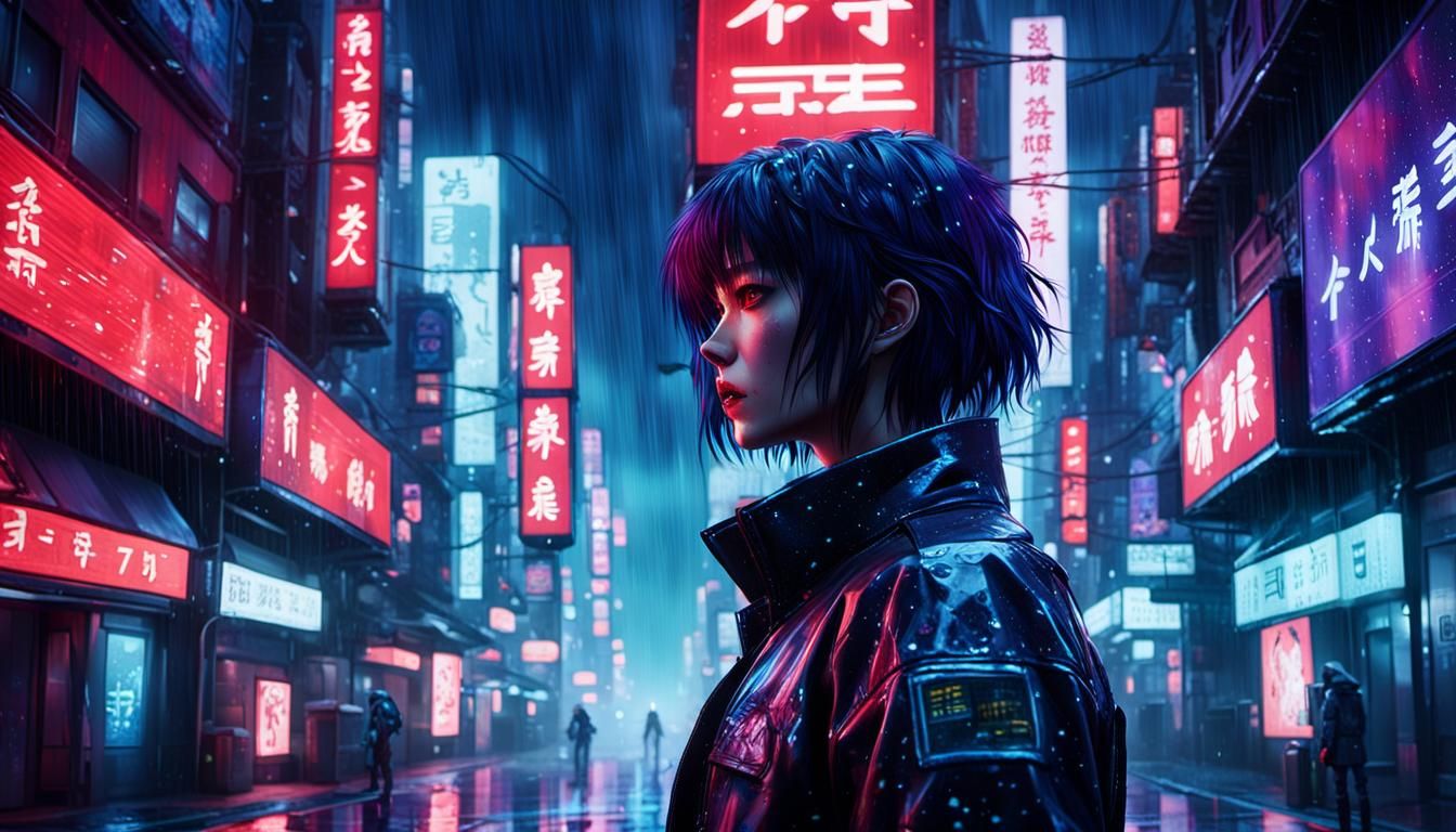 Kusanagi Motoko in Cyberpunk Cityscape