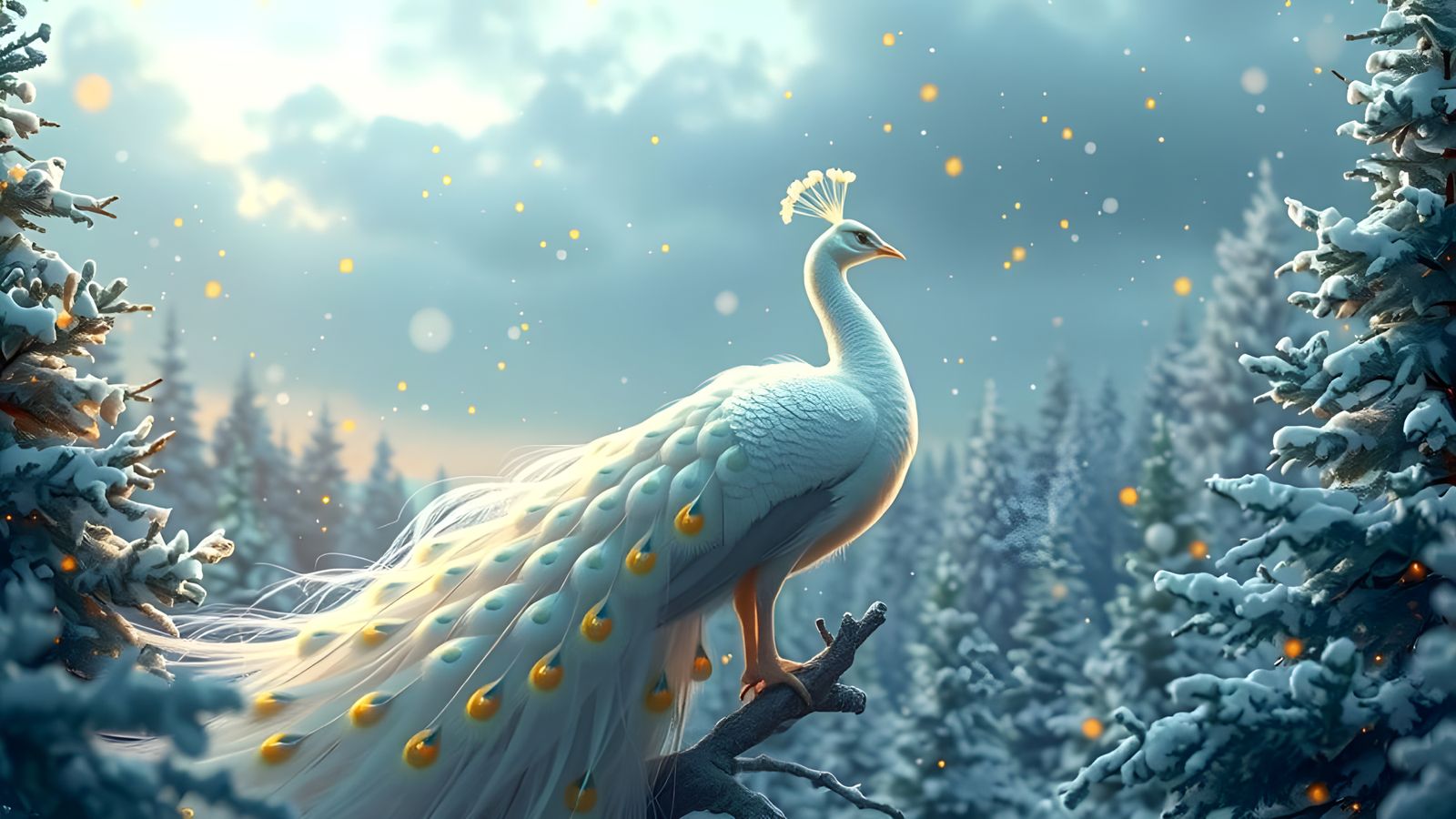 Surreal White Peacock in Winter Wonderland