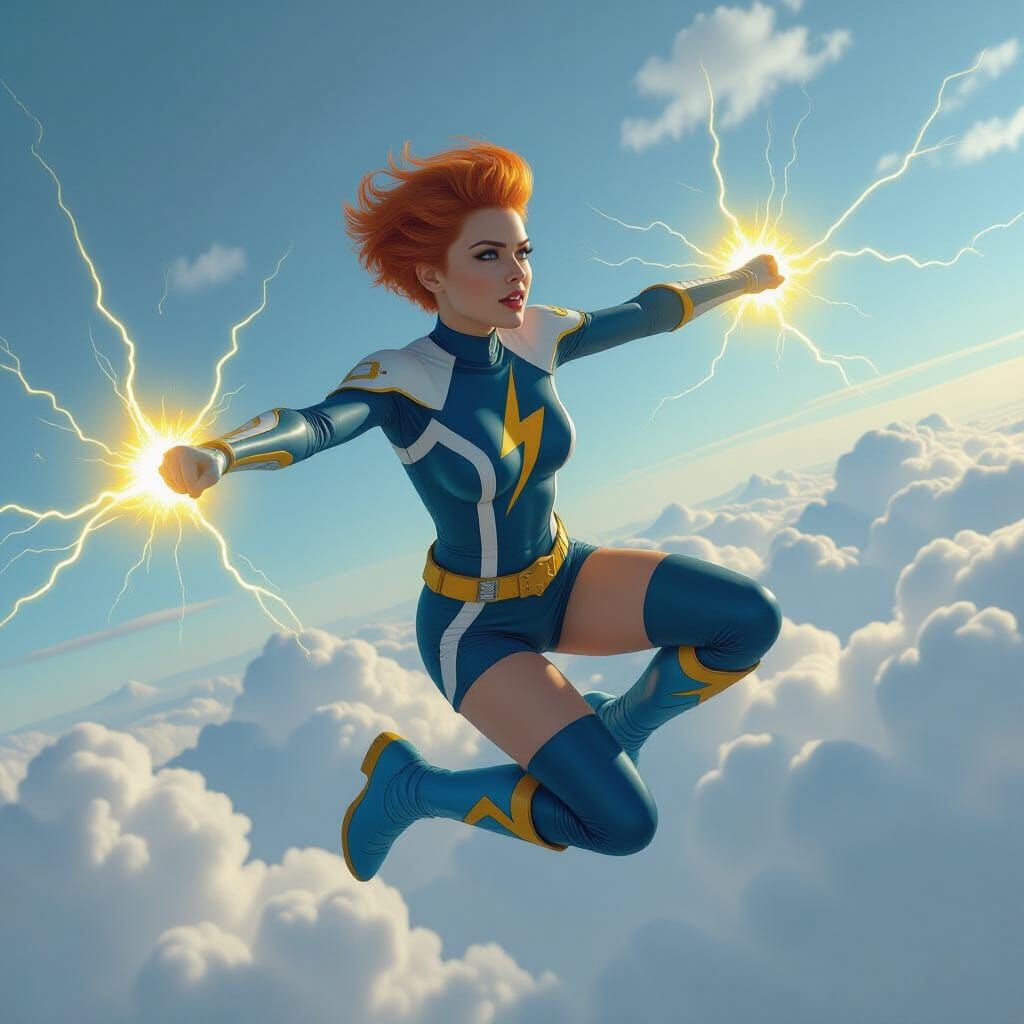 Woman with Lightning Powers Soaring in Cloudy Sky