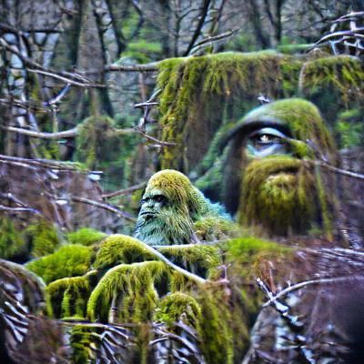 Sasquatch and Birds in Mossy Forest