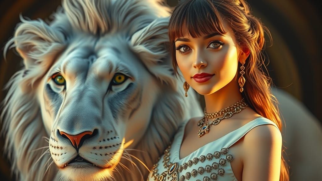Elegant Woman with Lion in Futuristic Style