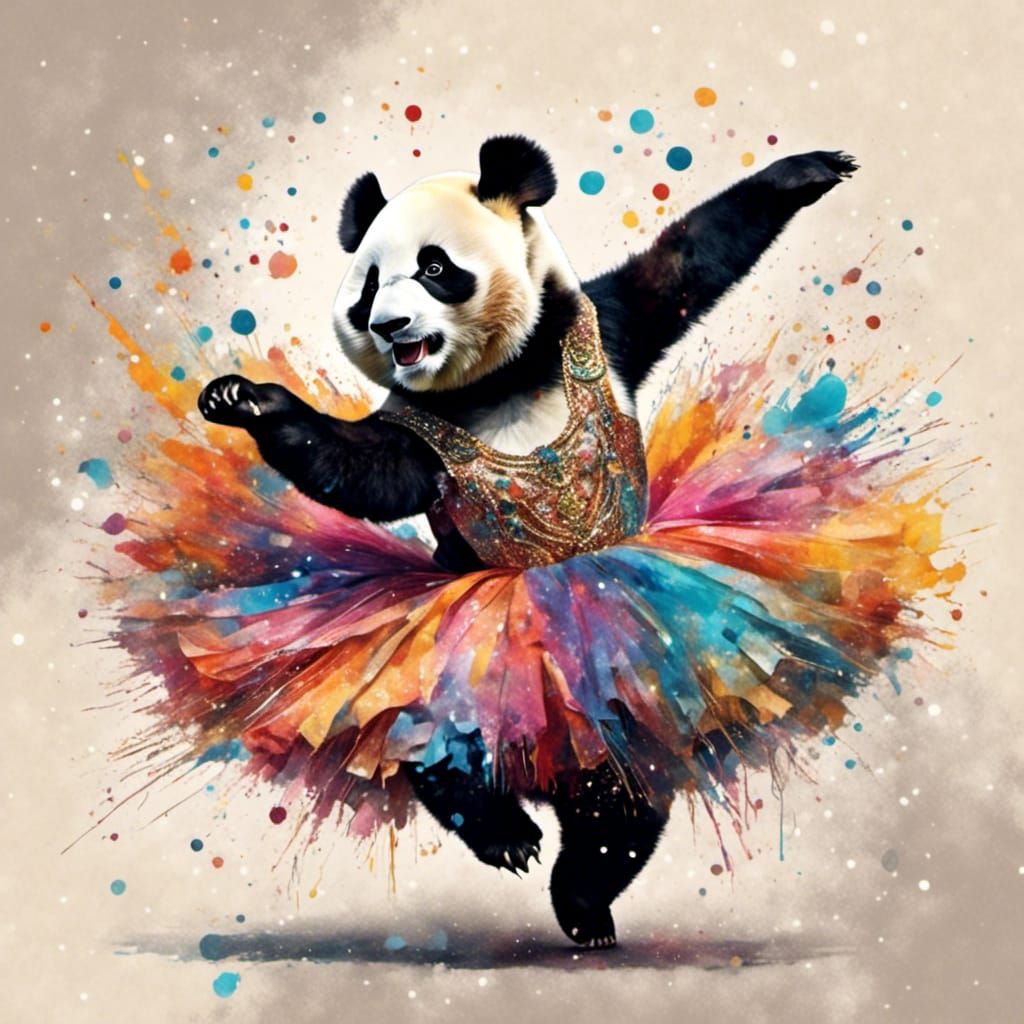 Panda Ballet in Gouache Collage Style