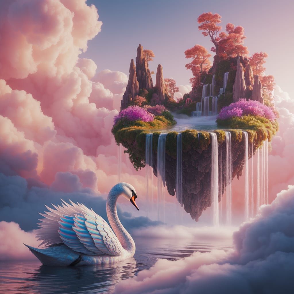 Swan Encounters Floating Island in Digital Painting