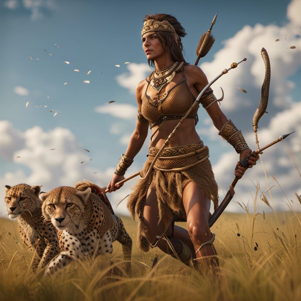 Scythian Woman Hunting with Cheetah in Grassy Plains