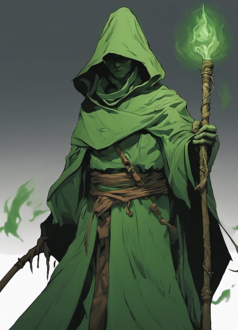 Green-Robed Sorcerer of Nature with Staff