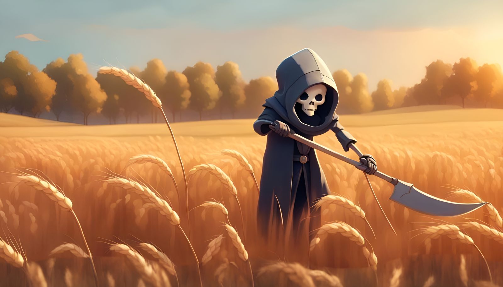Pixar-Style Robot Reaper Harvesting Wheat