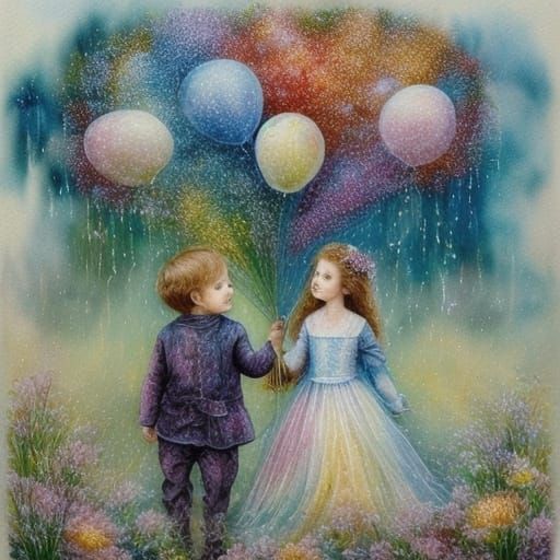 Ethereal Watercolour of Siblings with Balloons