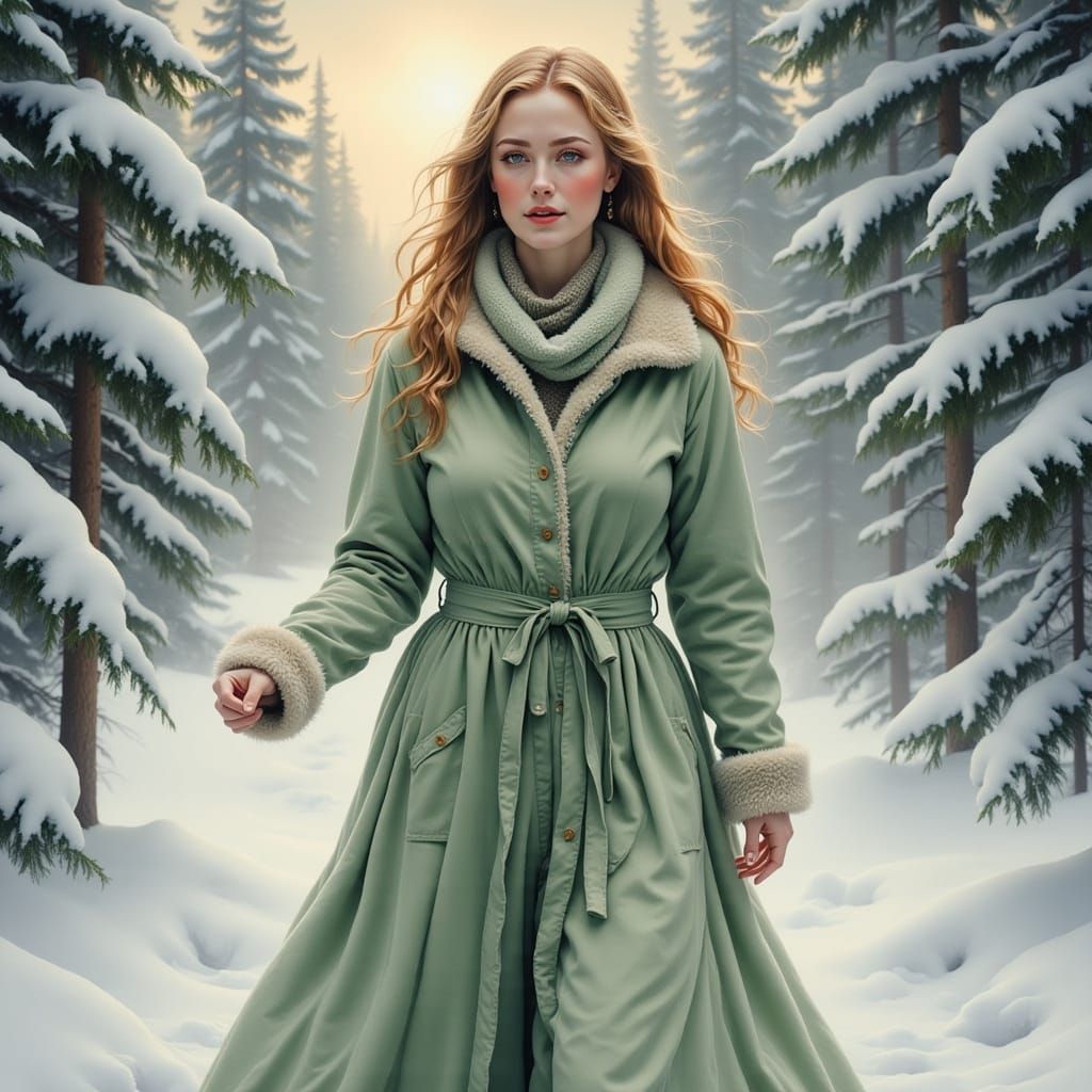 Woman in Snowy Landscape, Realistic Winter Scene