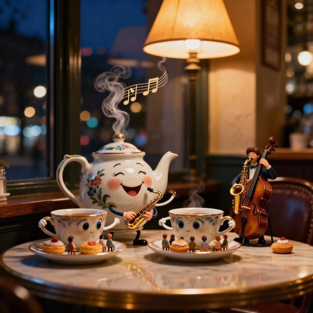 Whimsical Photoreal Cafe Scene: Singing Teapot and Musical T...