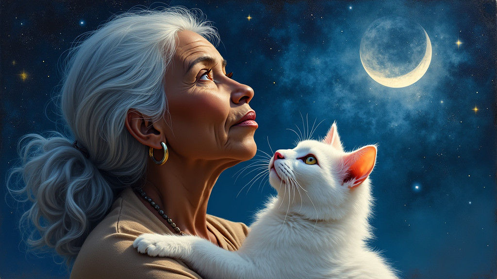Elderly Woman and Cat Gazing at Moonlit Sky