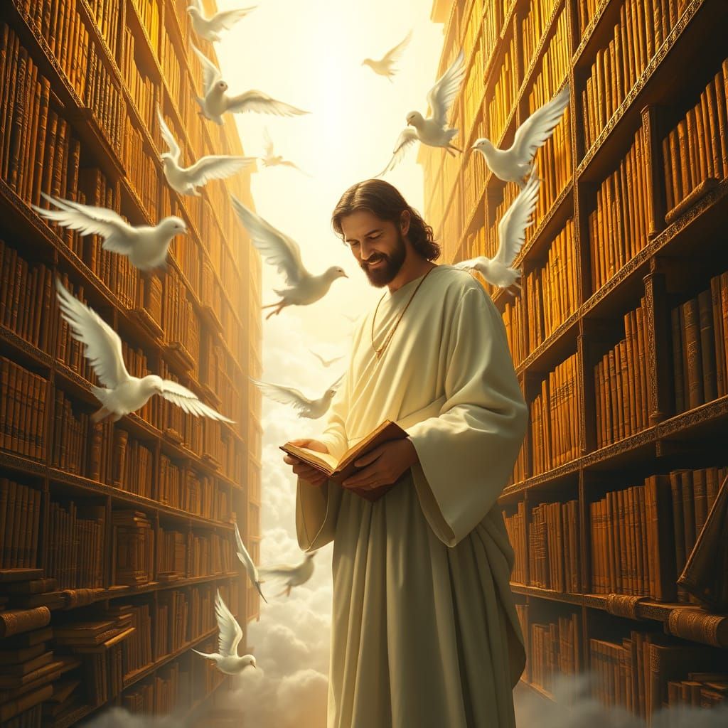 Ethereal Library in Heaven: Golden Shelves and Divine Radian...