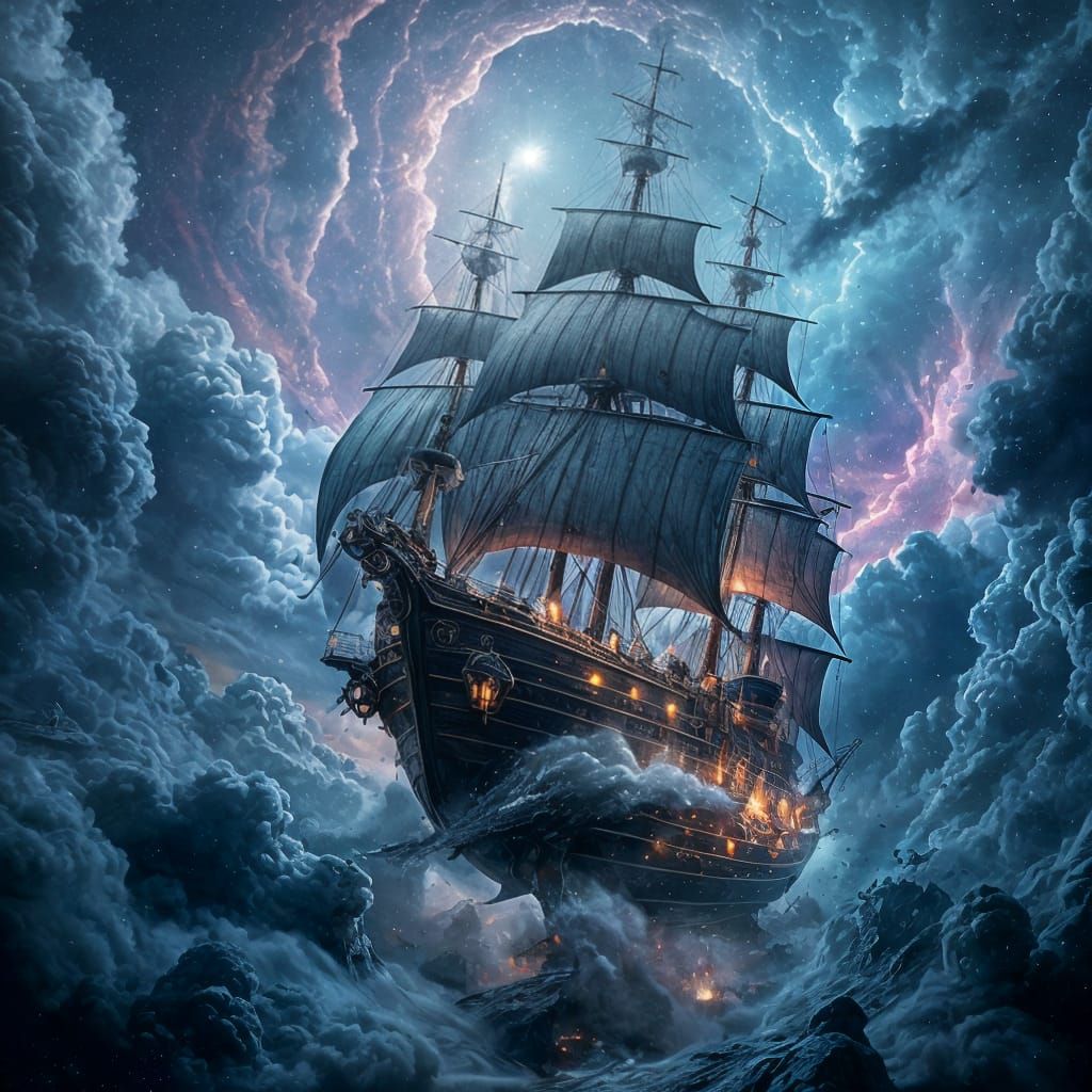 Sky Pirate Ship Sails Nebula Storm in Deep Space